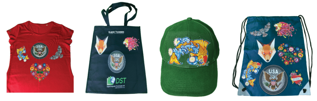 DST heat transfer on bags, caps and clothing