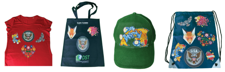 DST heat transfer on bags, caps and clothing